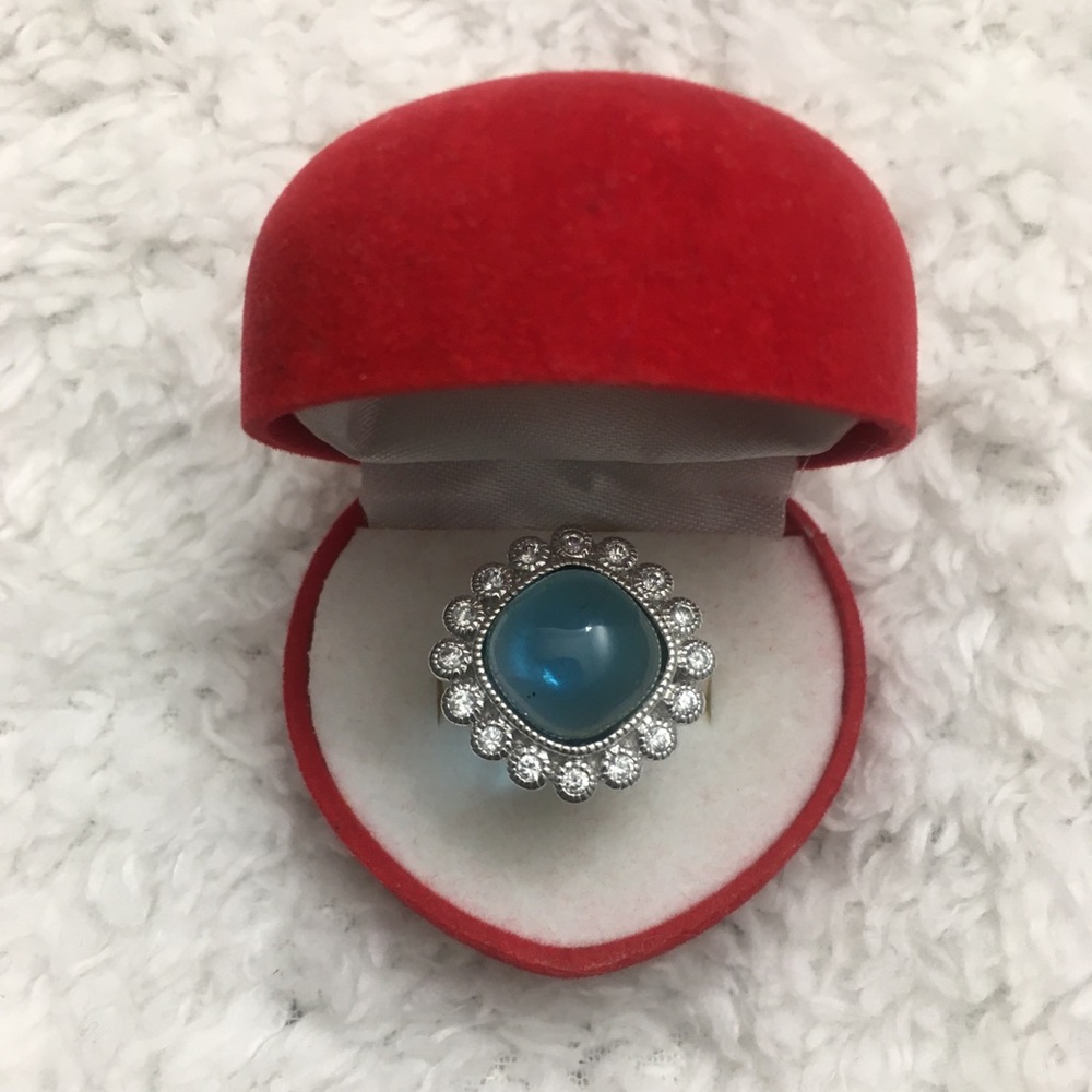 Brass Rhodium Plated Chalcedony Aqua Cab Ring 6.75